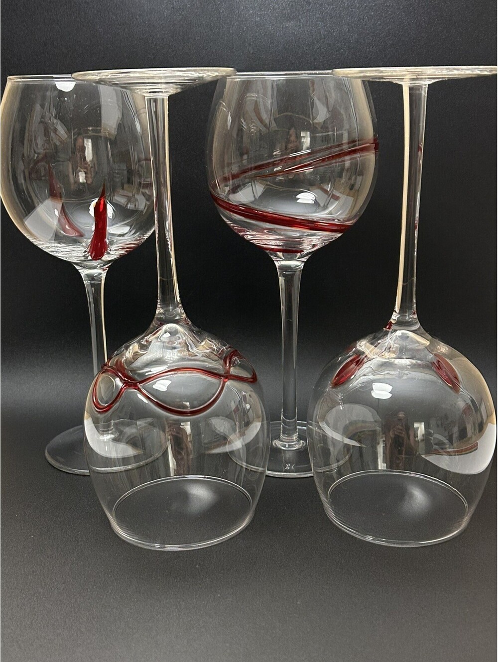 Vintage Set Of 4 Pier 1 Imports Red Swirline Wine Glasses Blown Glass 1990’s